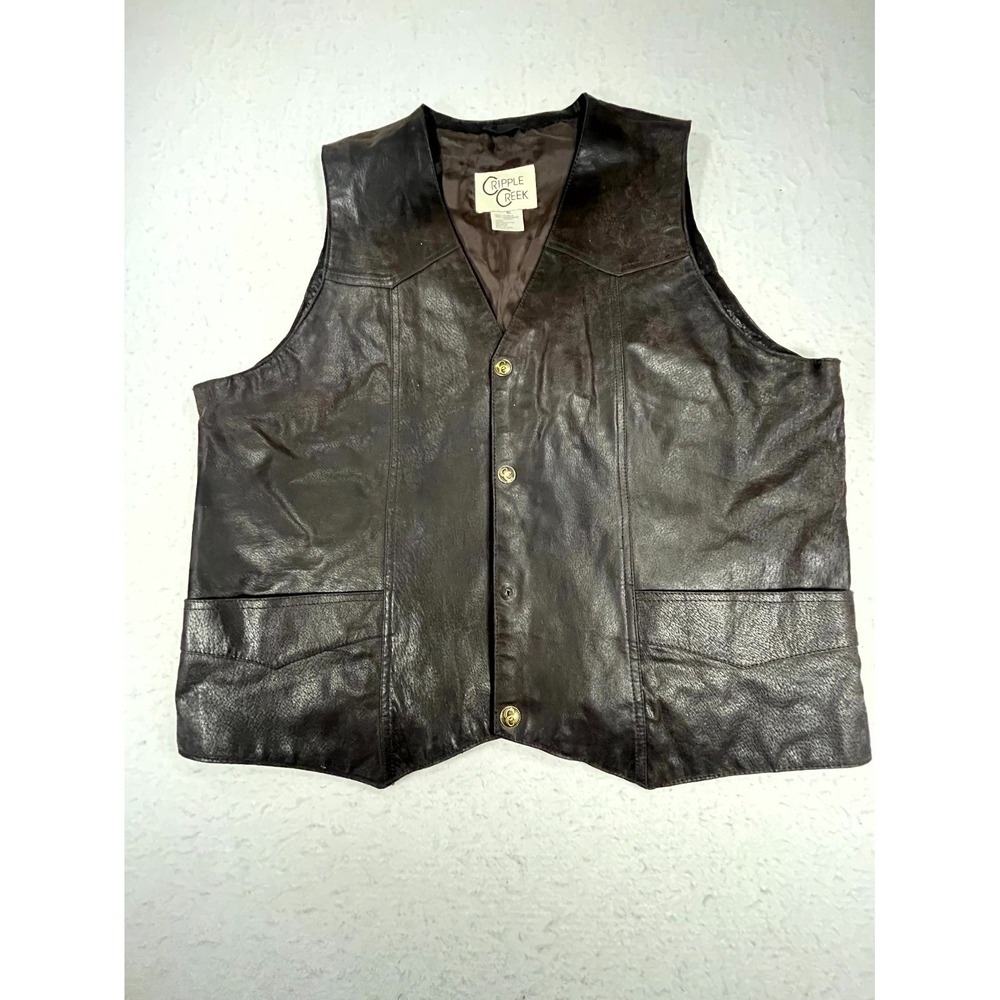 Cripple Creek Western‎ Vest Mens XL Brown Genuine Leather V Neck Button Front